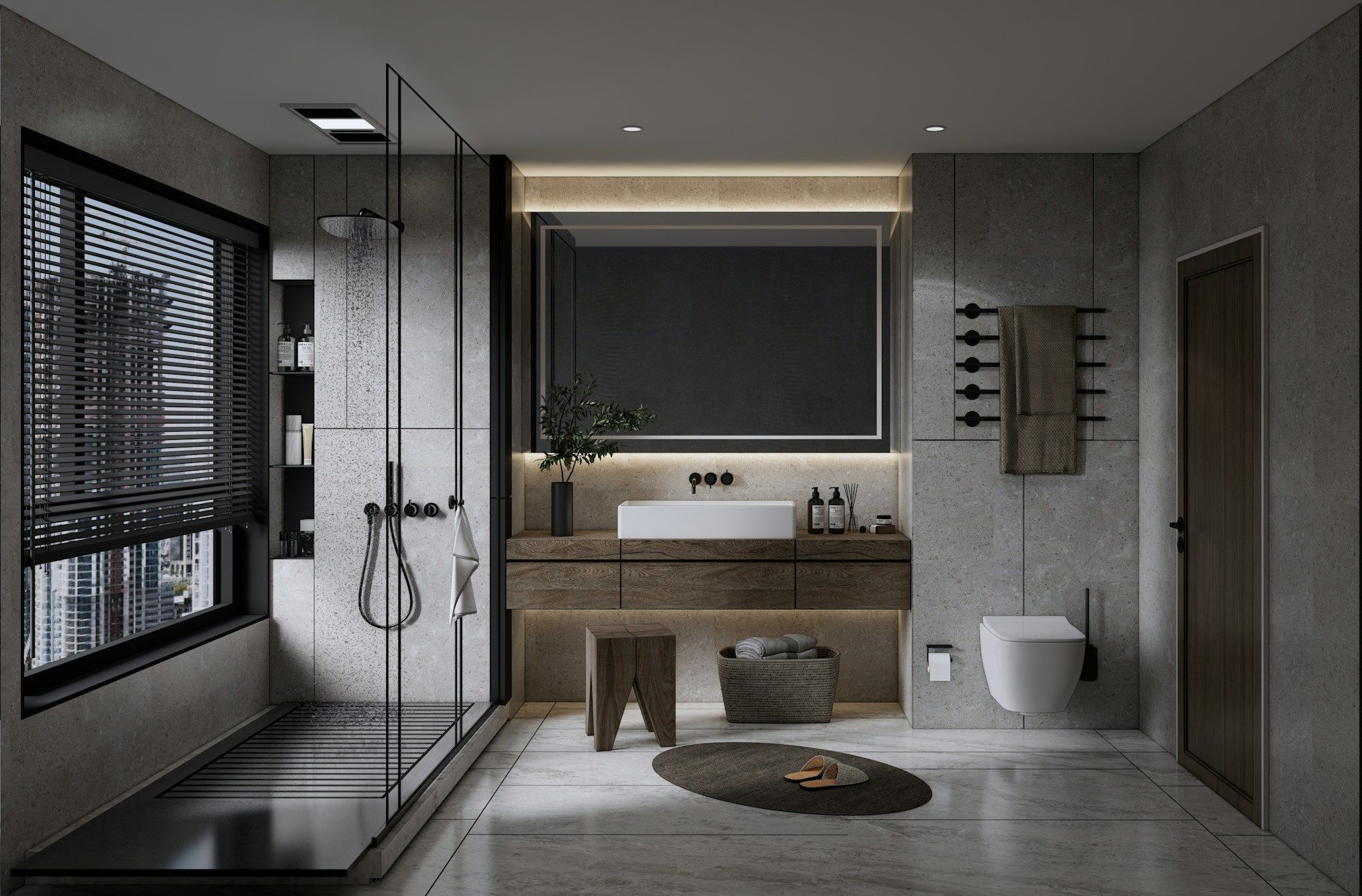 Modern bathroom with a glass shower, a floating vanity and warm lighting
