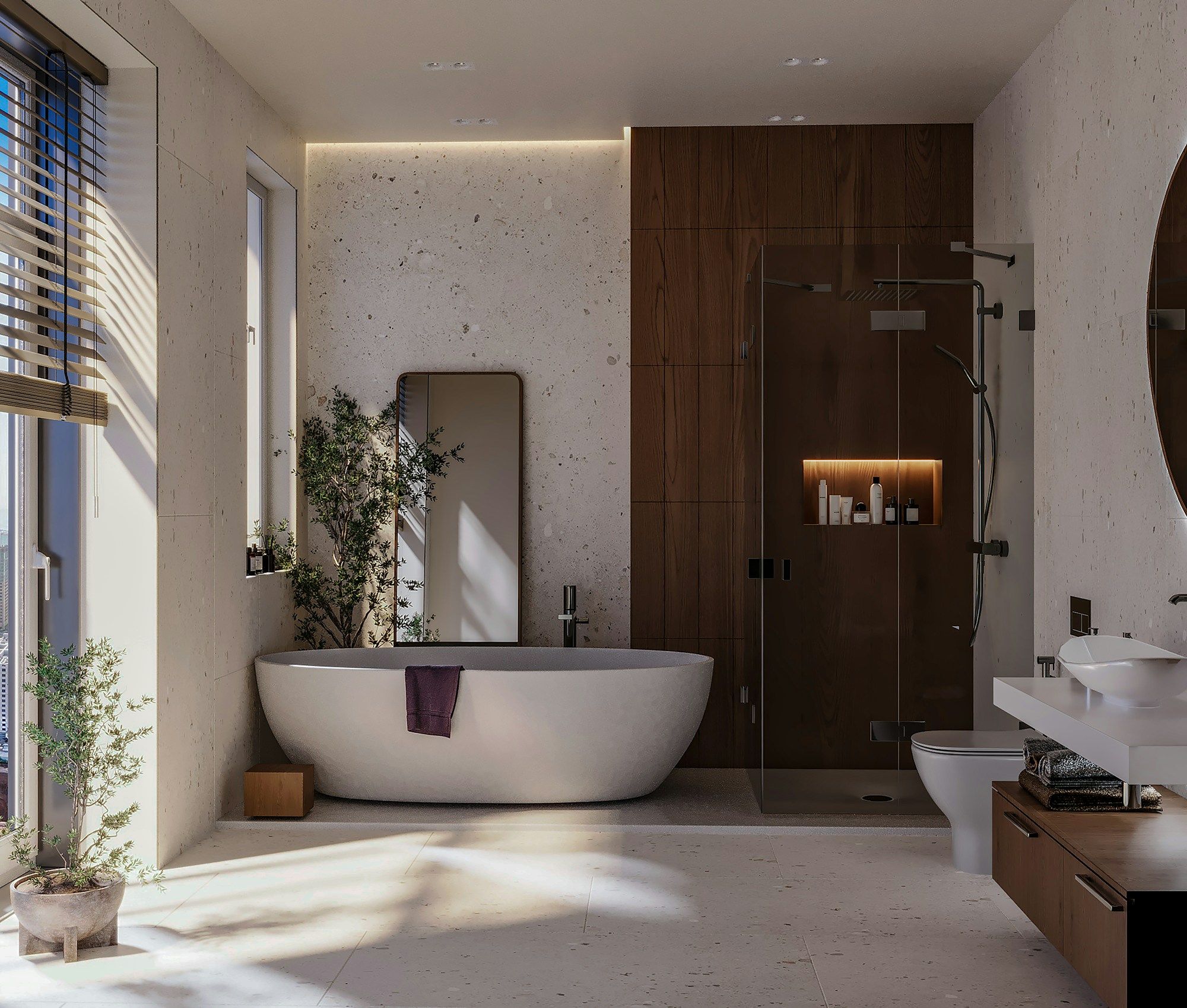 Bathroom with a freestanding tub, a walk-in shower and a tall window